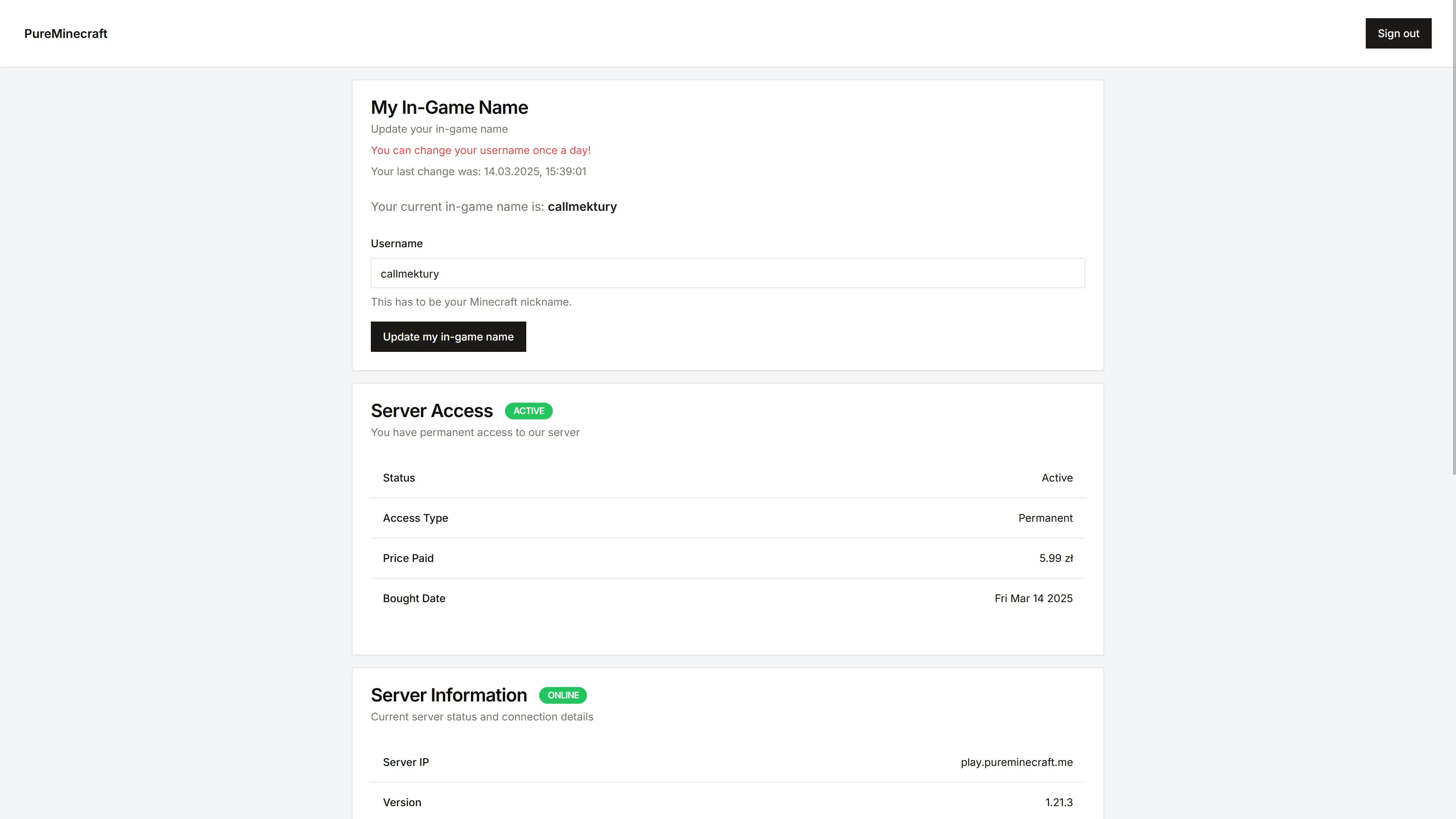 PureMinecraft user dashboard