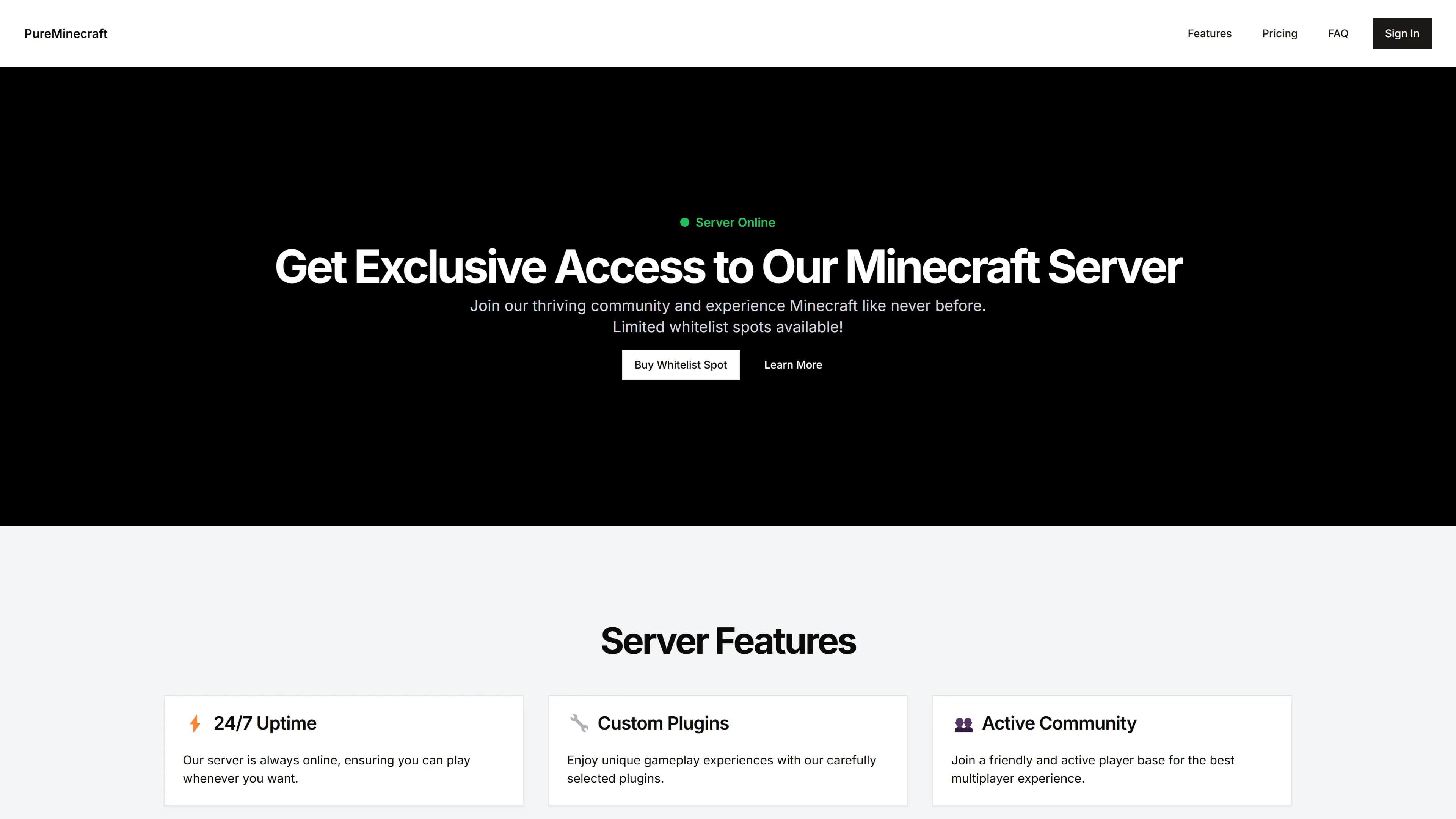 PureMinecraft homepage