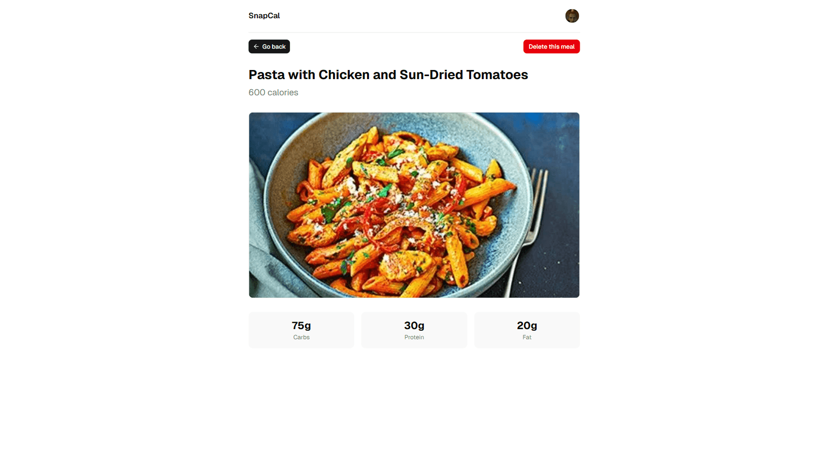 SnapCal meal detailed page